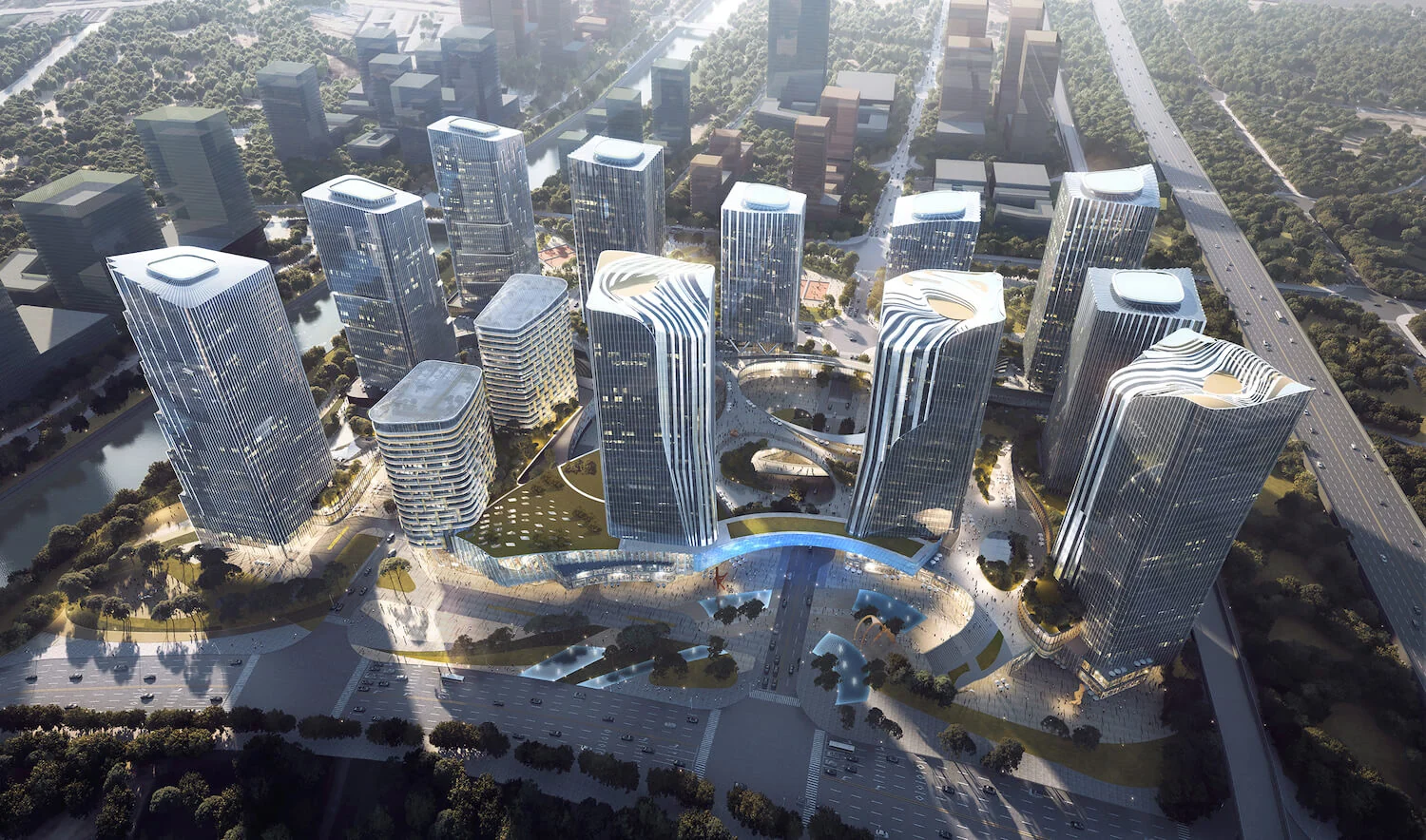 Aerial architectural render of the Genzon Binhaiwan development, with towers surrounding landscaped public spaces.