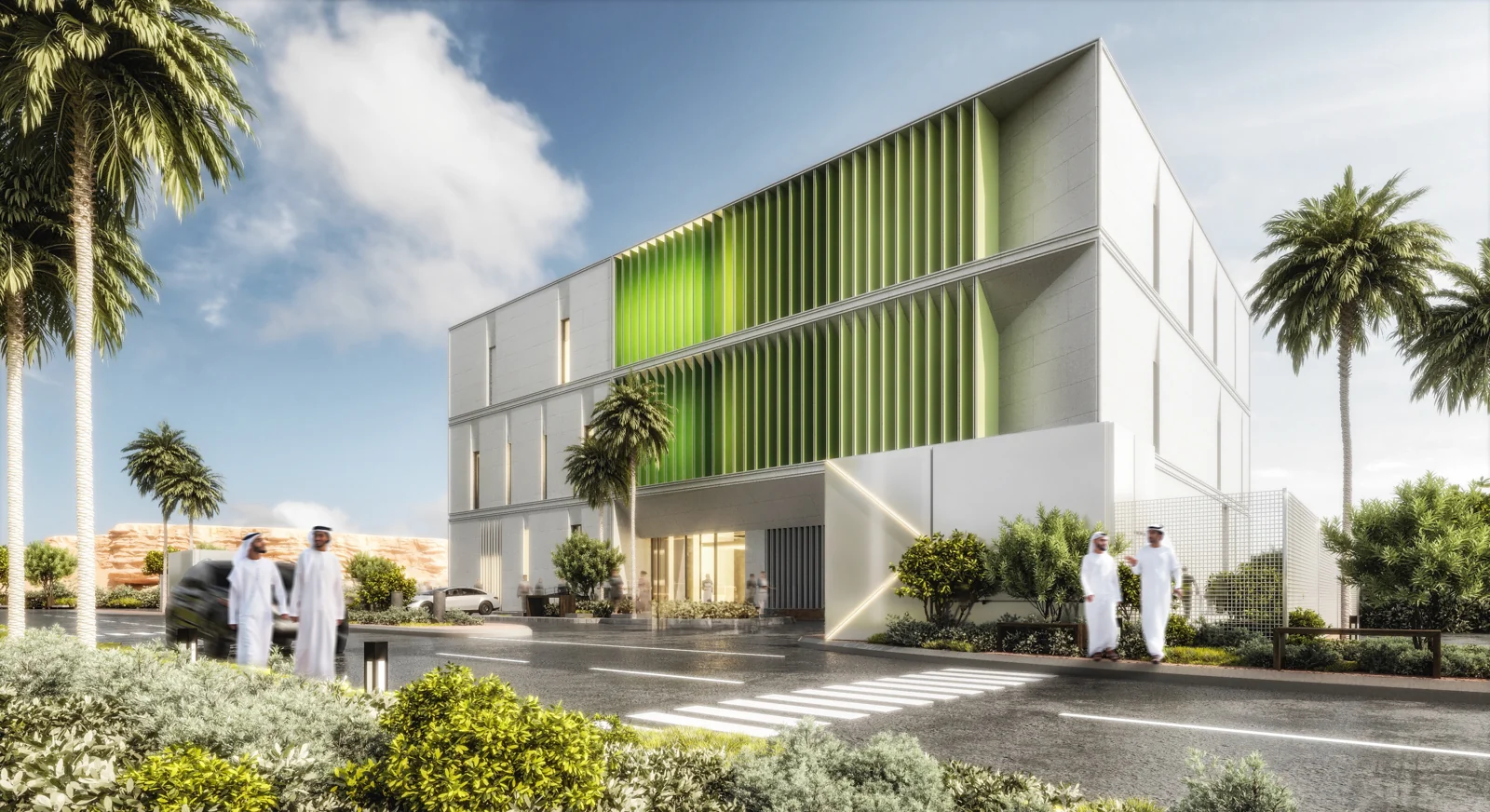 Architectural render of Qiddiya’s district security and operations facility with lime vertical fins and shaded landscaping.