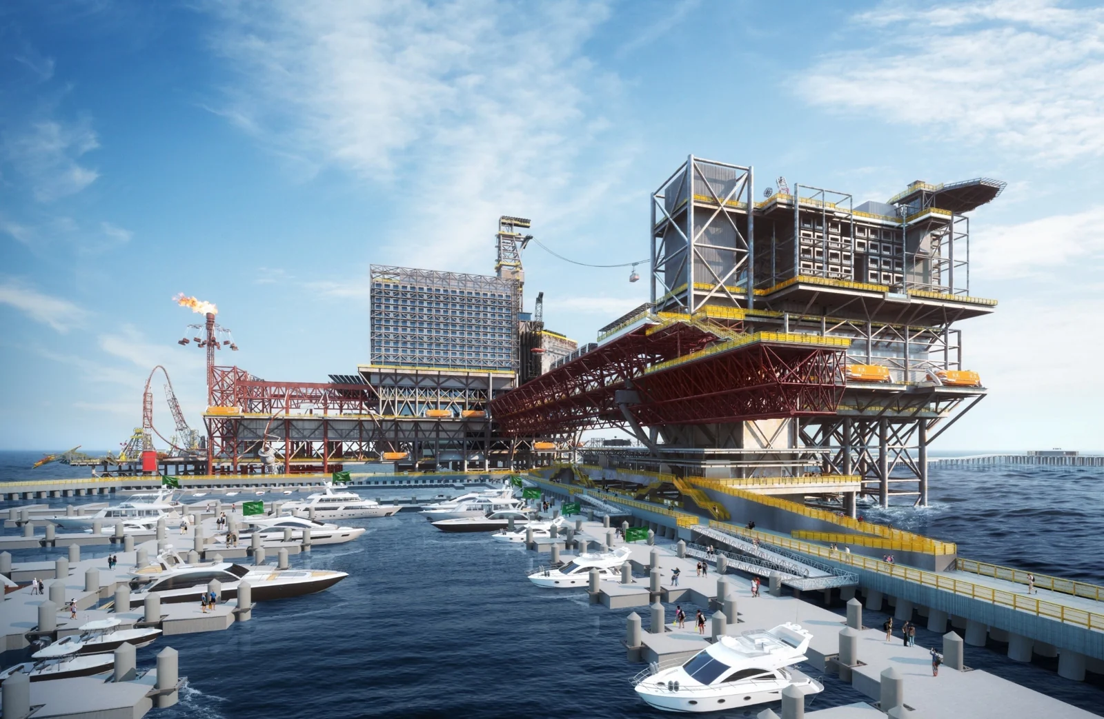 Architectural render of The RIG, with steel platforms above the sea and a marina in the foreground.